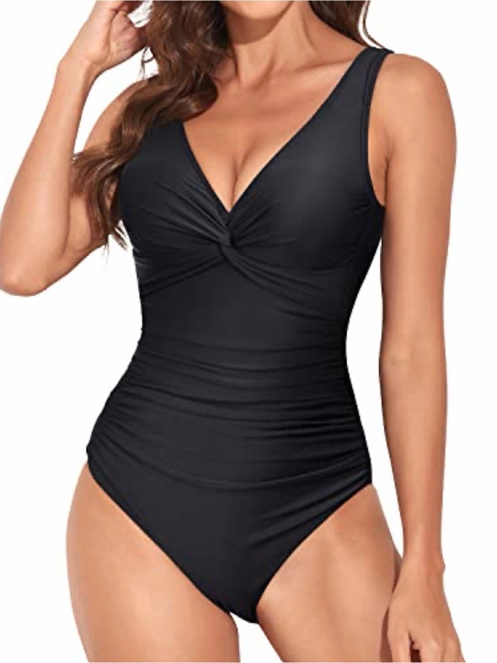 Long Torso Women One Piece Swimsuit Vintage V Neck Twist Bathing Suit-Black